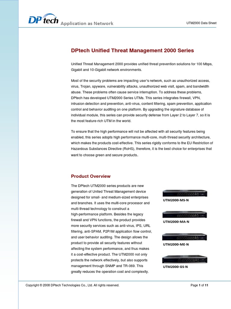 DPtech UTM2000 Series Data Sheet | PDF | Firewall (Computing) | Virtual ...