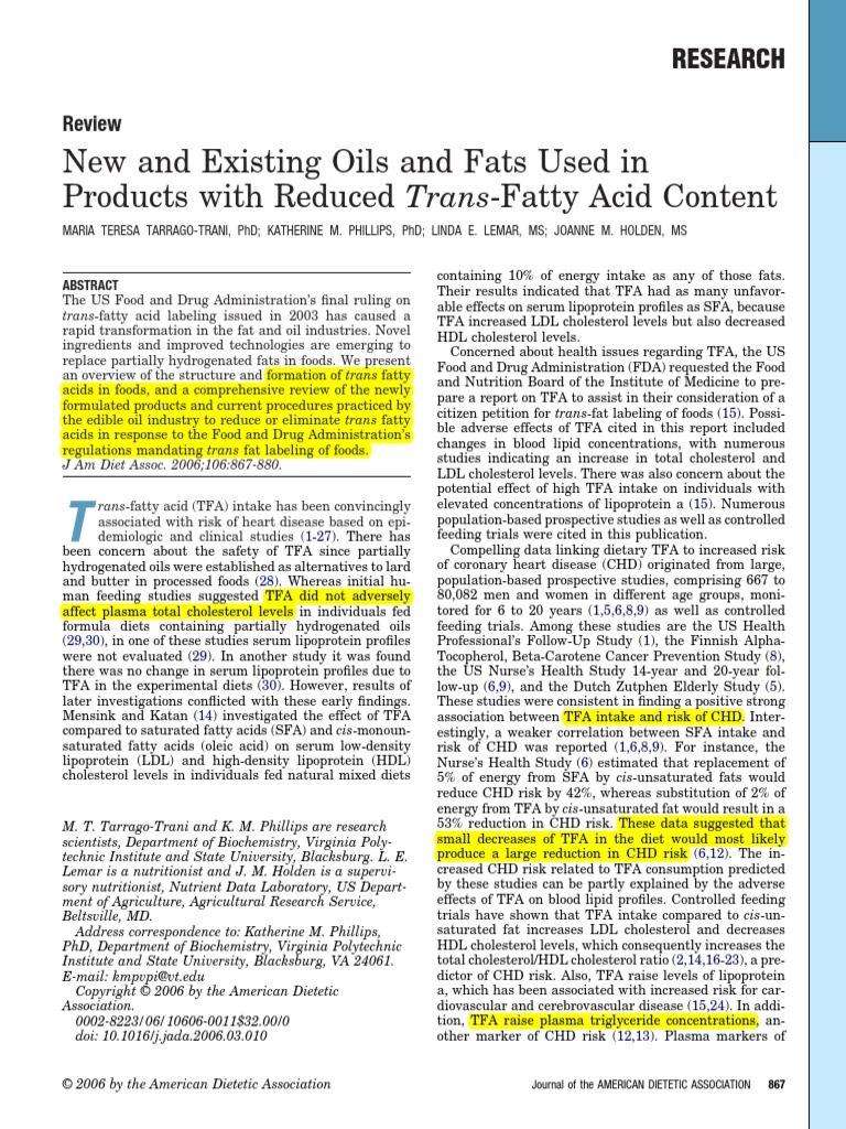 New and Existing Oils and Fats Used in Products With Reduced Trans Fatty Acid Content PDF