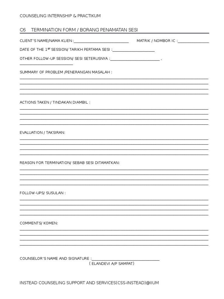 C6 Termination Form / Borang Penamatan Sesi: Counseling Internship ...