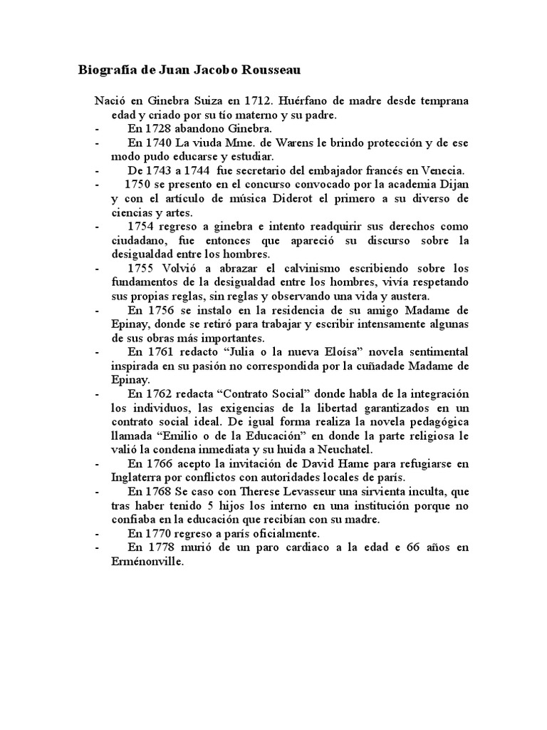 Biografía de Juan Jacobo Rousseau PDF Instituciones sociales Ciencias sociales