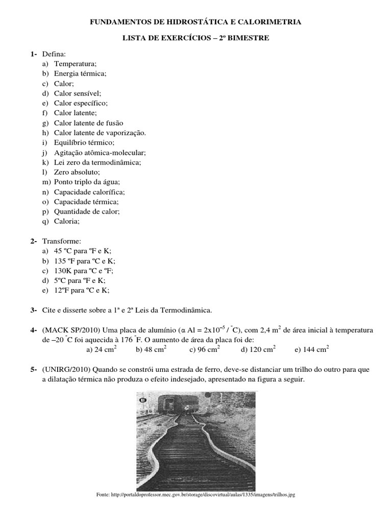 Exercicios De Fisica 2 Ano Ensino Medio Calorimetria