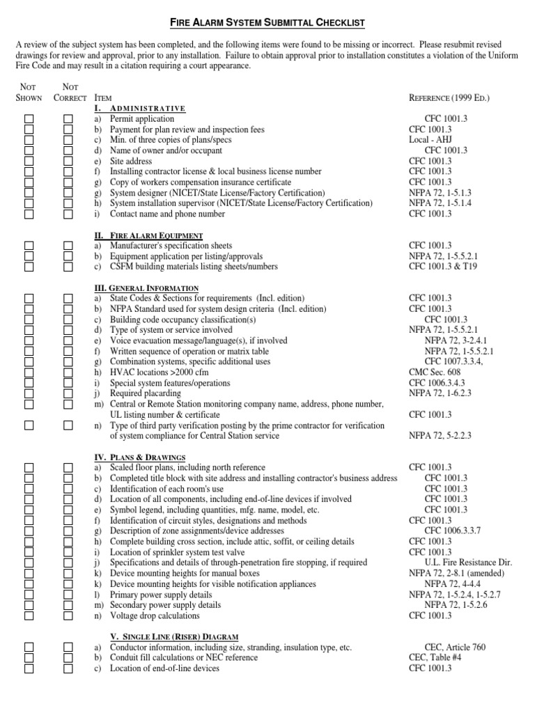 NFPA Fire Alarm Sysyem Check List Specification (Technical Standard