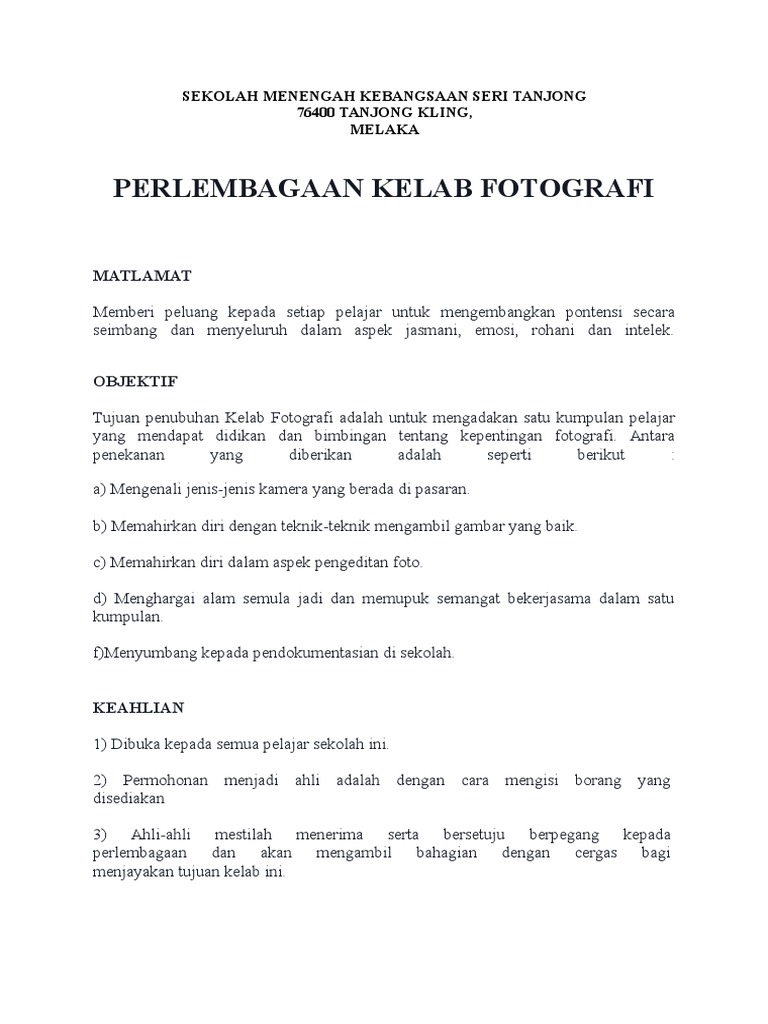 Perlembagaan Kelab Fotografi