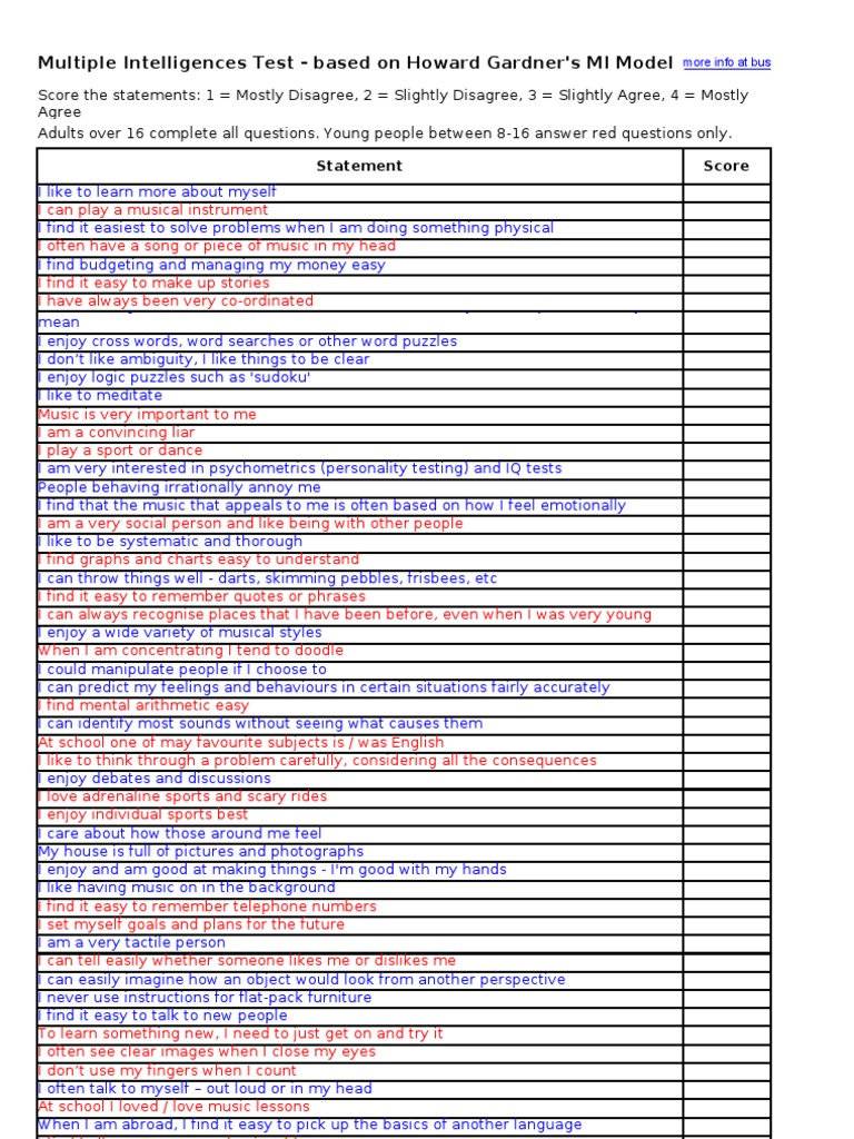 Multiple Intelligences Test - Based On Howard | PDF