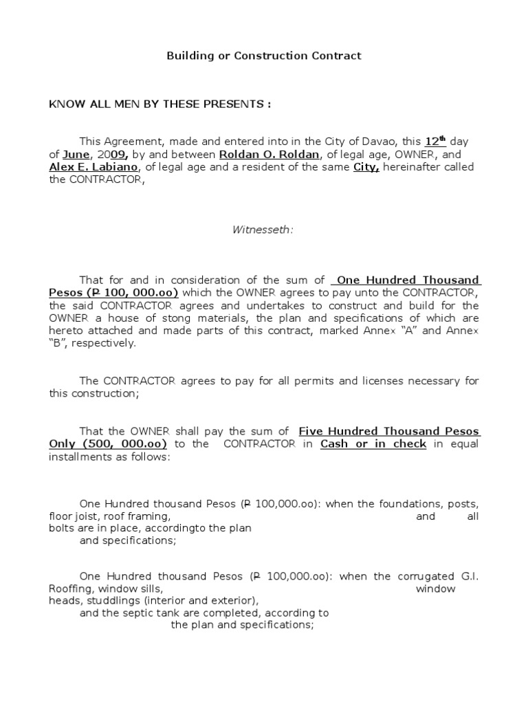 Residential Construction Contract Sample | PDF | Business