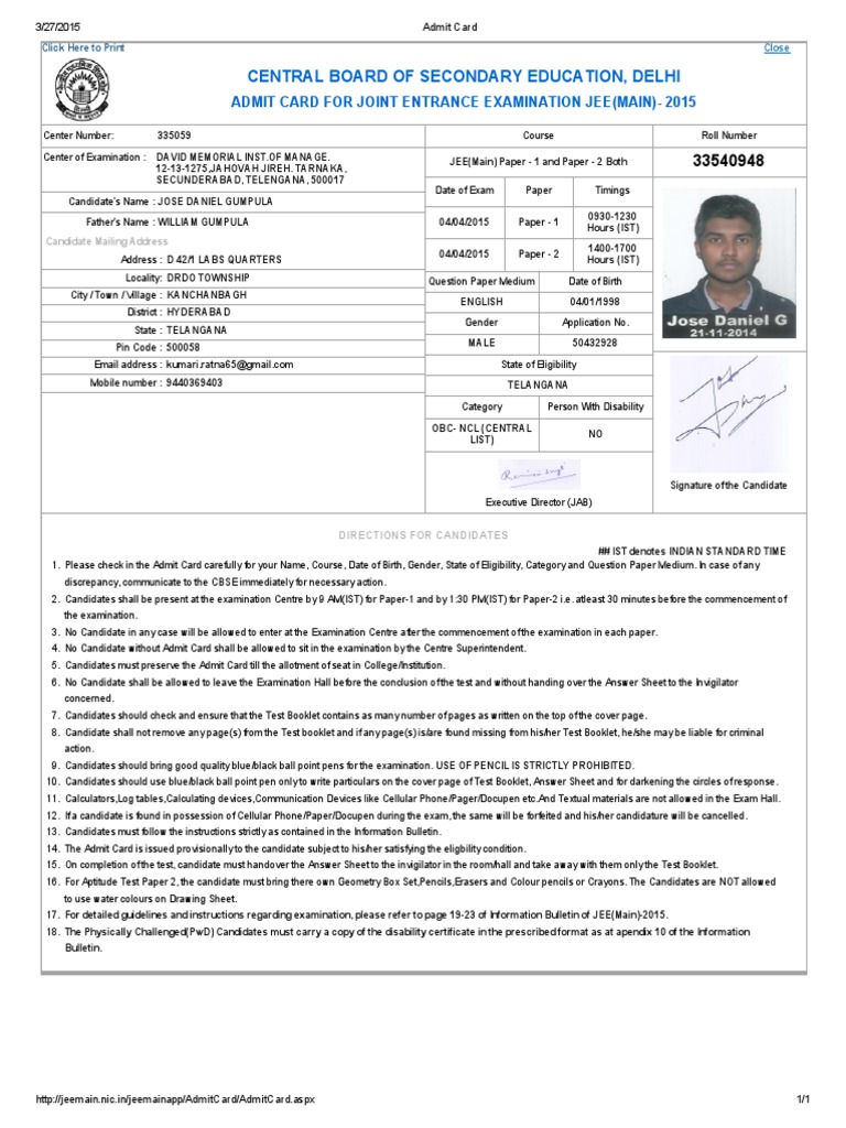 JEE Main 2015 Admit Card | PDF | Test (Assessment) | Test/Examination