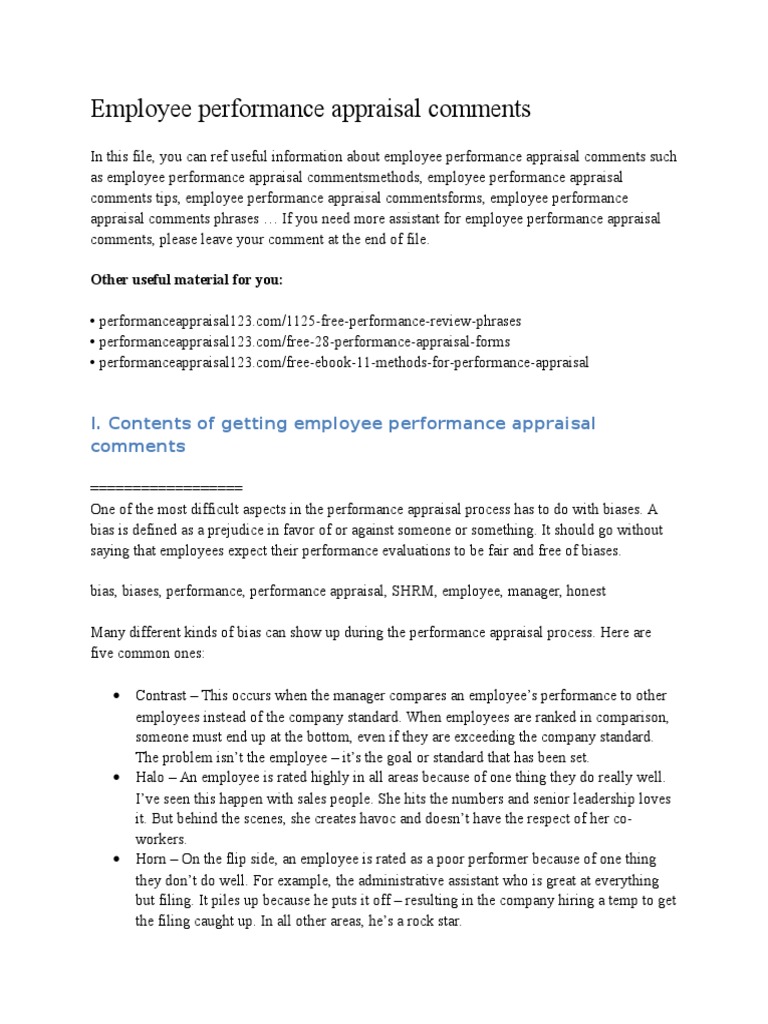 Employee Performance Appraisal Comments | PDF | Performance 