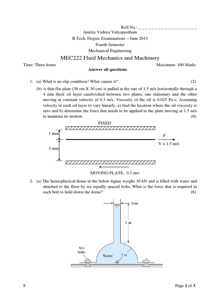 MEC222 Fluid Mechanics Exam 2013 | PDF | Pressure | Viscosity