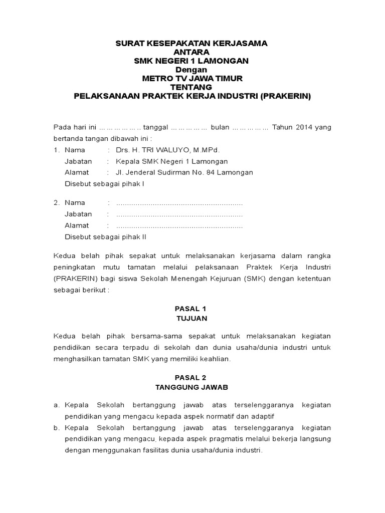 Mou Prakerin Surat Kesepakatan Kerjasama