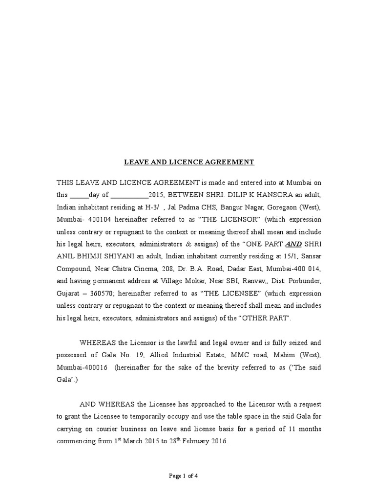 Leave and Licence Agreement Renewal Sample License Lease
