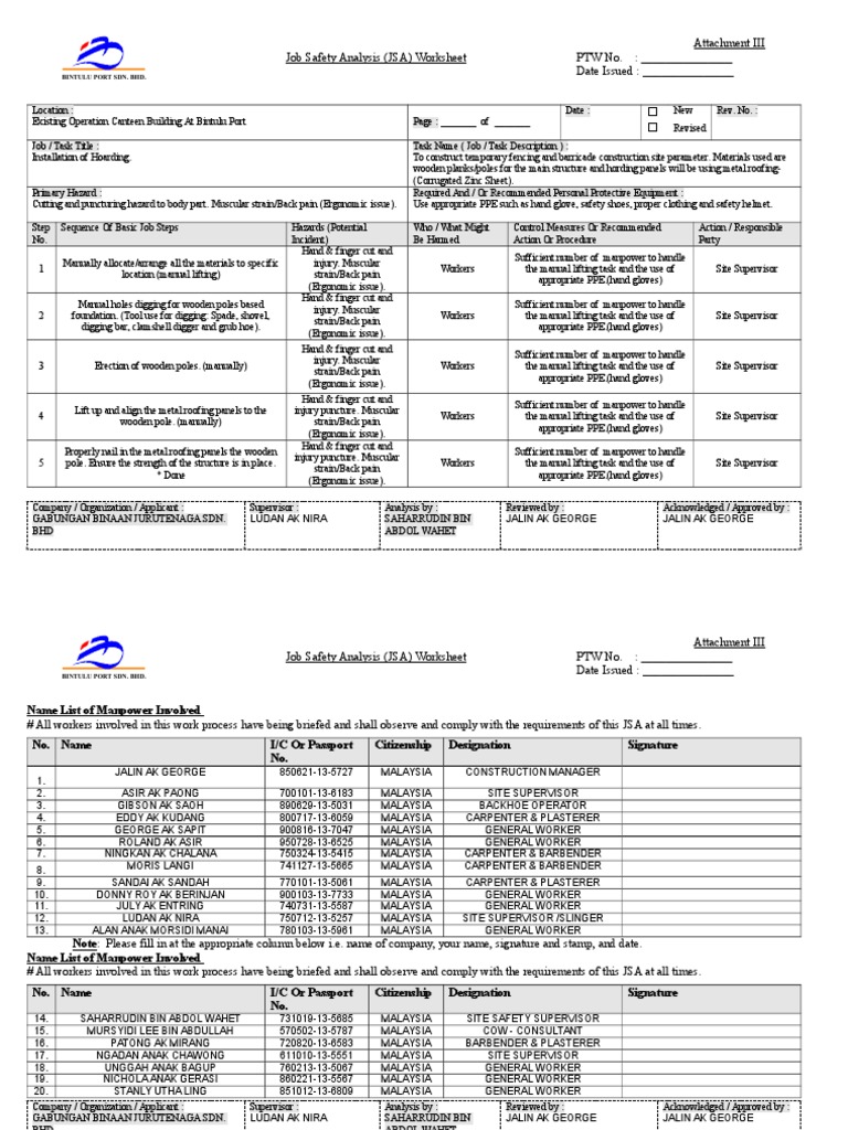 JSA Hoarding | PDF | Personal Protective Equipment | Safety