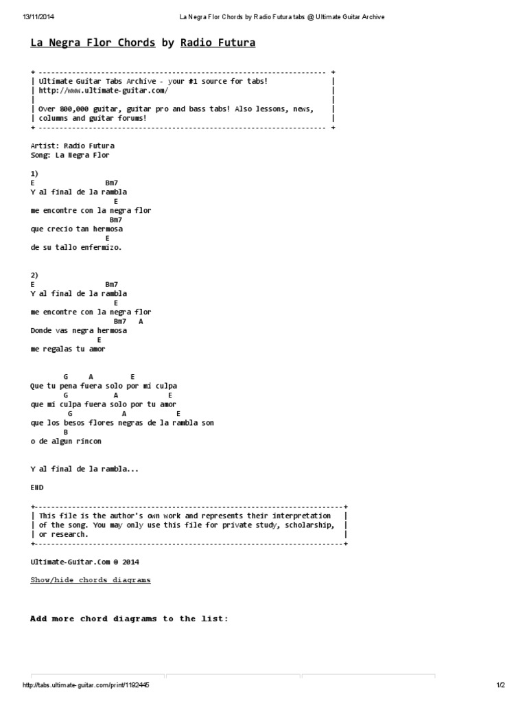La Negra Flor Chords by Radio Futura Tabs at Ultimate Guitar Archive | PDF