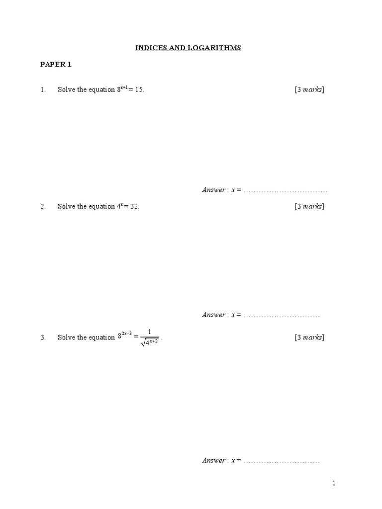 Indices and Logarithms Problem Set | PDF | Teaching Methods & Materials