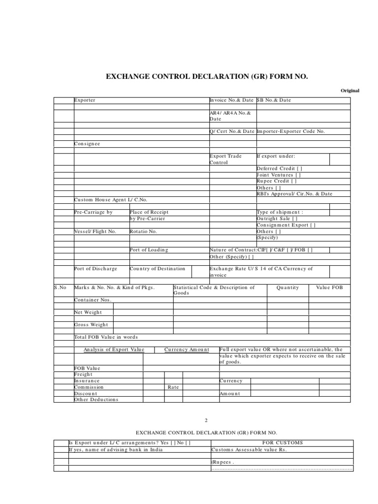 Exchange Control Declaration Gr Form No Exports Service Industries