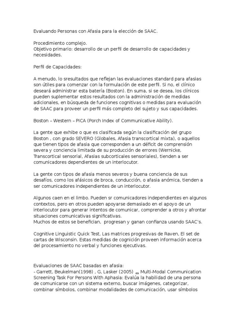 Evaluación de Afasia y Selección de SAAC | PDF | Afasia | Evaluación ...