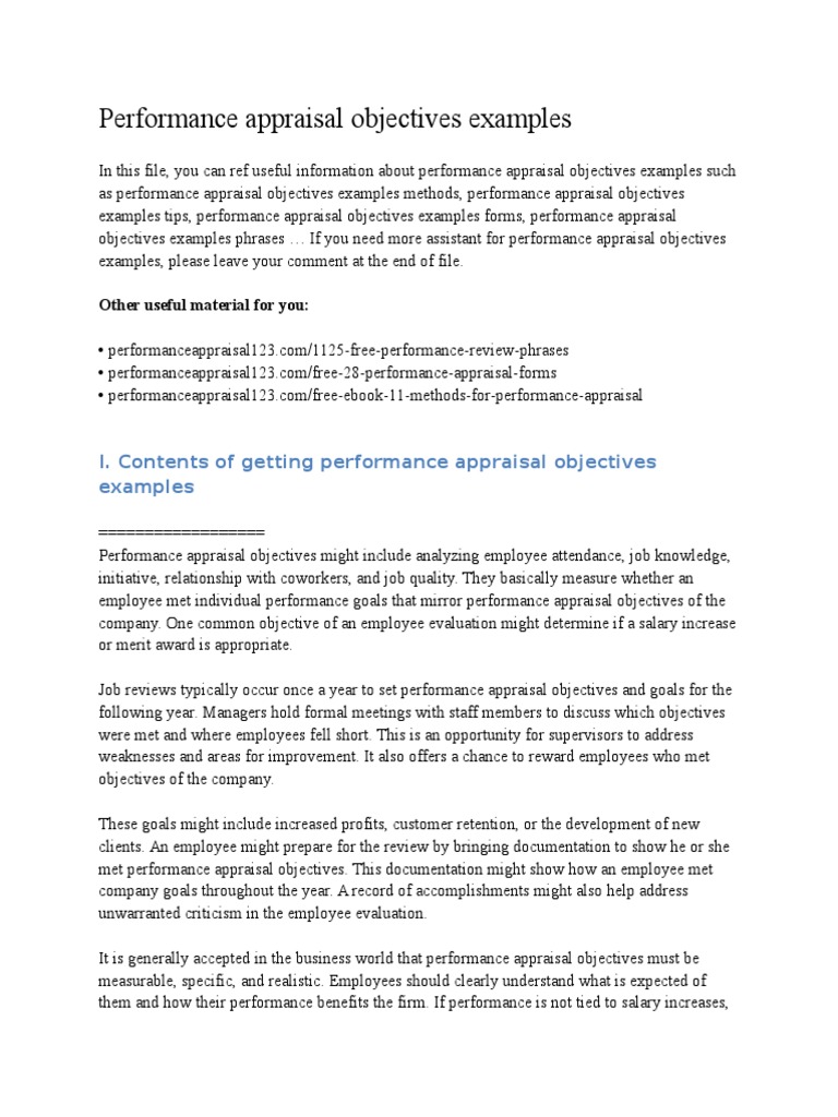 Performance Appraisal Objectives Examples Performance Appraisal