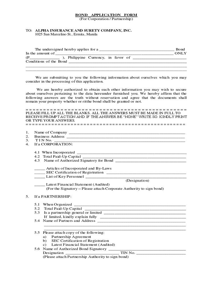 Bond Application Form for Corporations | PDF | Surety Bond | Private Law