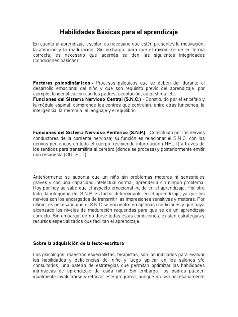 Habilidades Básicas para El Aprendizaje | PDF | Sistema nervioso ...