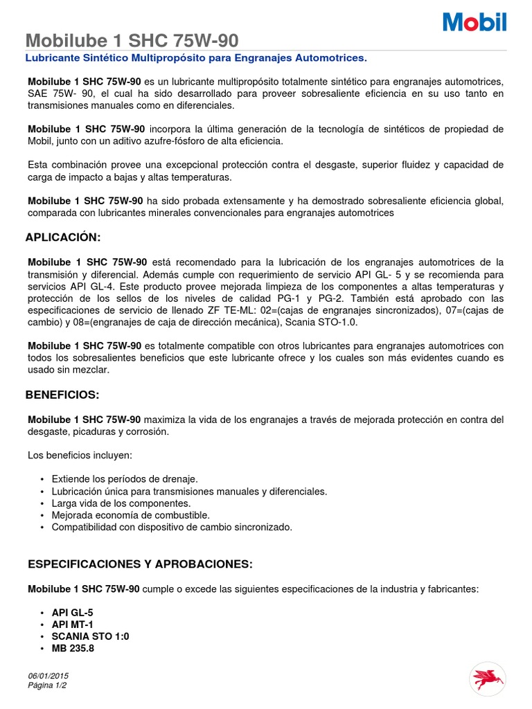 Mobilube 1 SHC 75W-90: Lubricante Sintético | PDF | Lubricante | Engranaje