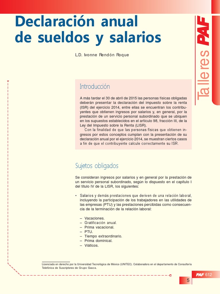 Declaración Anual de Sueldos y Salarios PDF Salario Impuesto