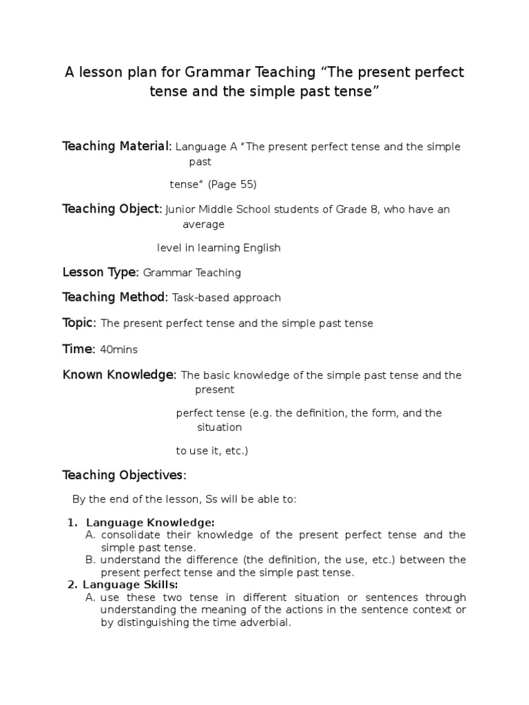 A Lesson Plan for Grammar Teaching | Grammatical Tense | Lesson Plan