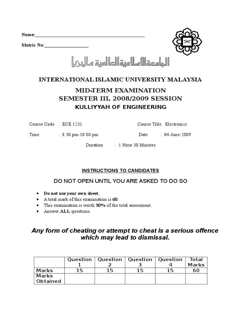 ECE 1231 Midterm Exam 2009 | PDF | Electronic Engineering | Electrical ...