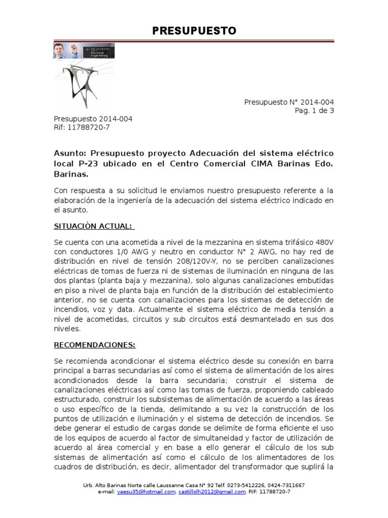 Carta Presupuesto Presupuesto Electricidad