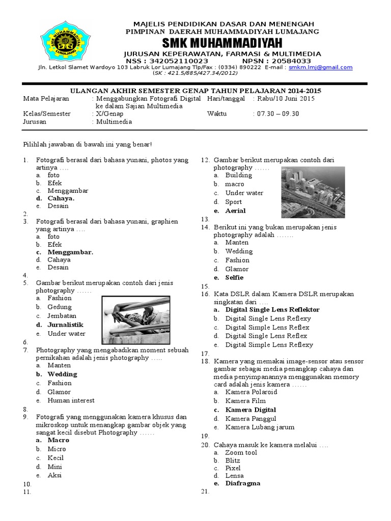 Soal Ulangan Kenaikan Kelas X Multimedia Fotografi