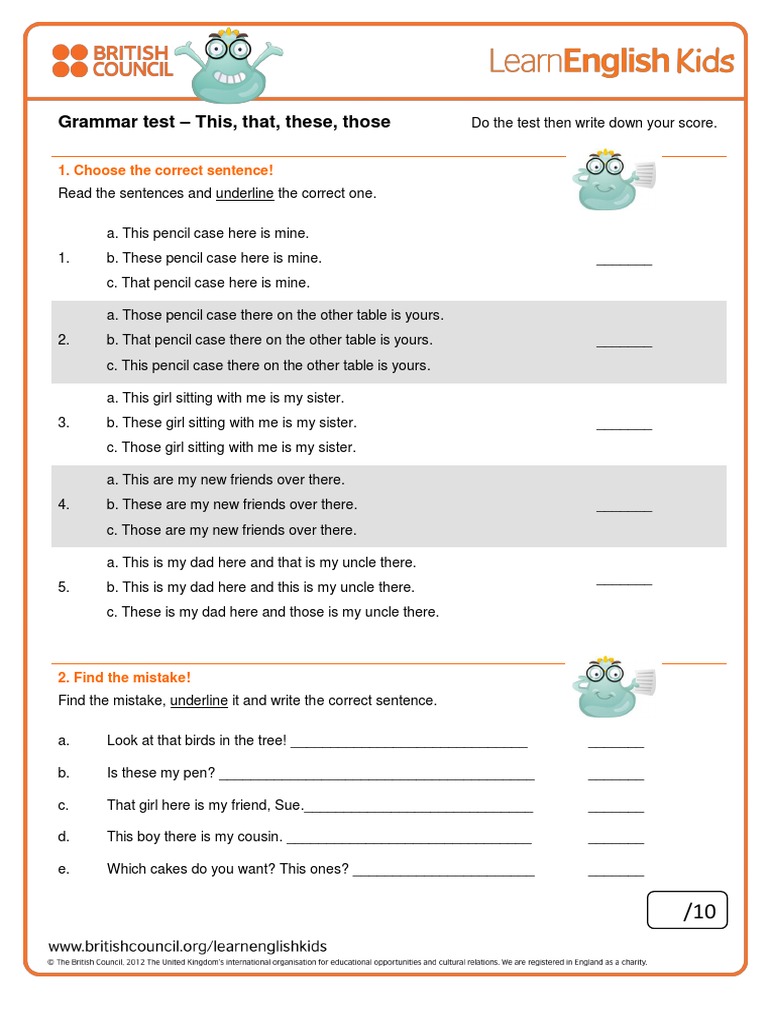 Grammar Test This That These Those Final Pdf