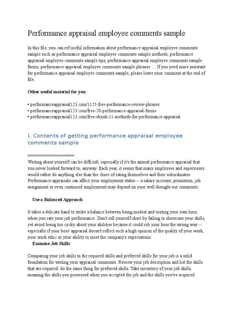 Performance Appraisal Employee Comments Sample  PDF  Performance