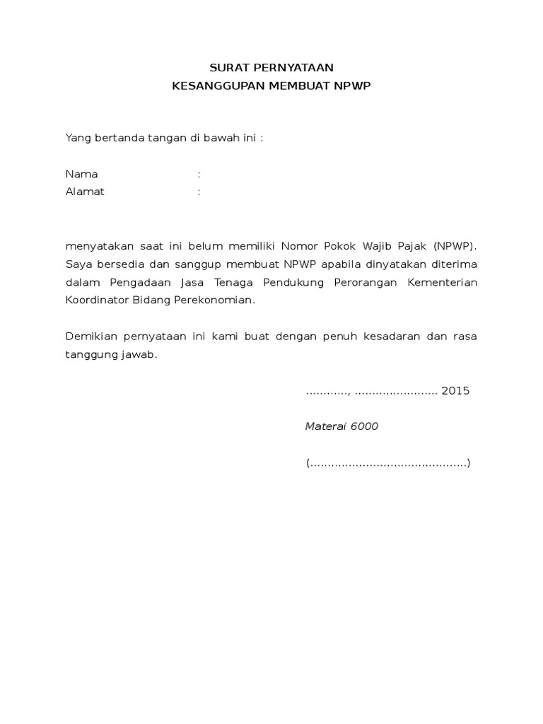 Format Surat Pernyataan Sanggup Membuat Npwp Pdf