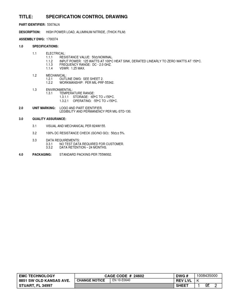Title Specification Control Drawing Part Identifier 5307aln