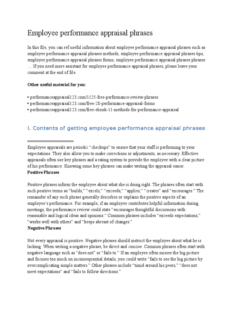 Employee Performance Appraisal Phrases | PDF | Performance Appraisal |  Employment