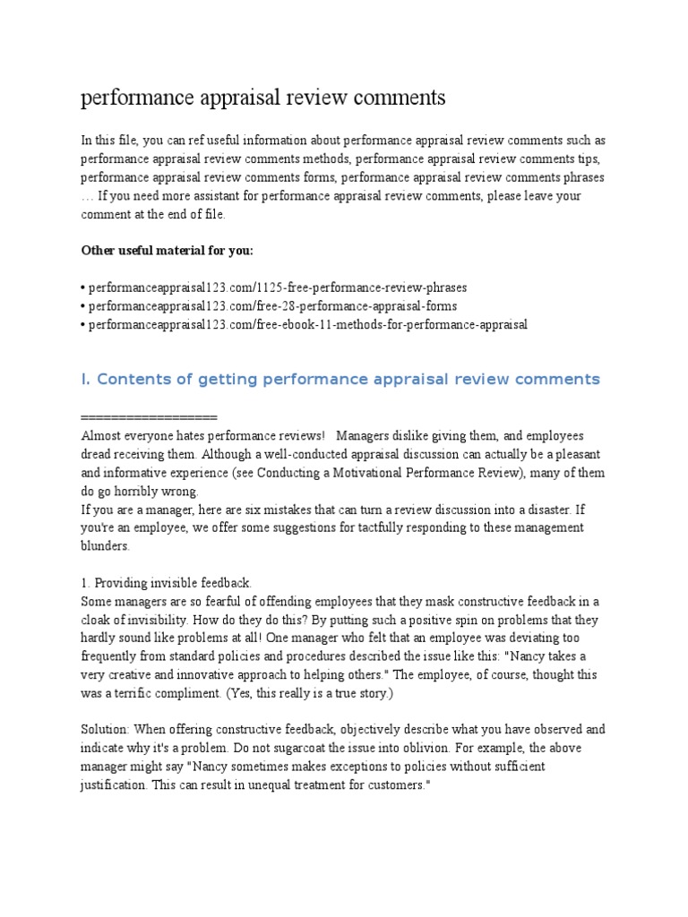 Performance Appraisal Review Comments  PDF  Behavioural Sciences