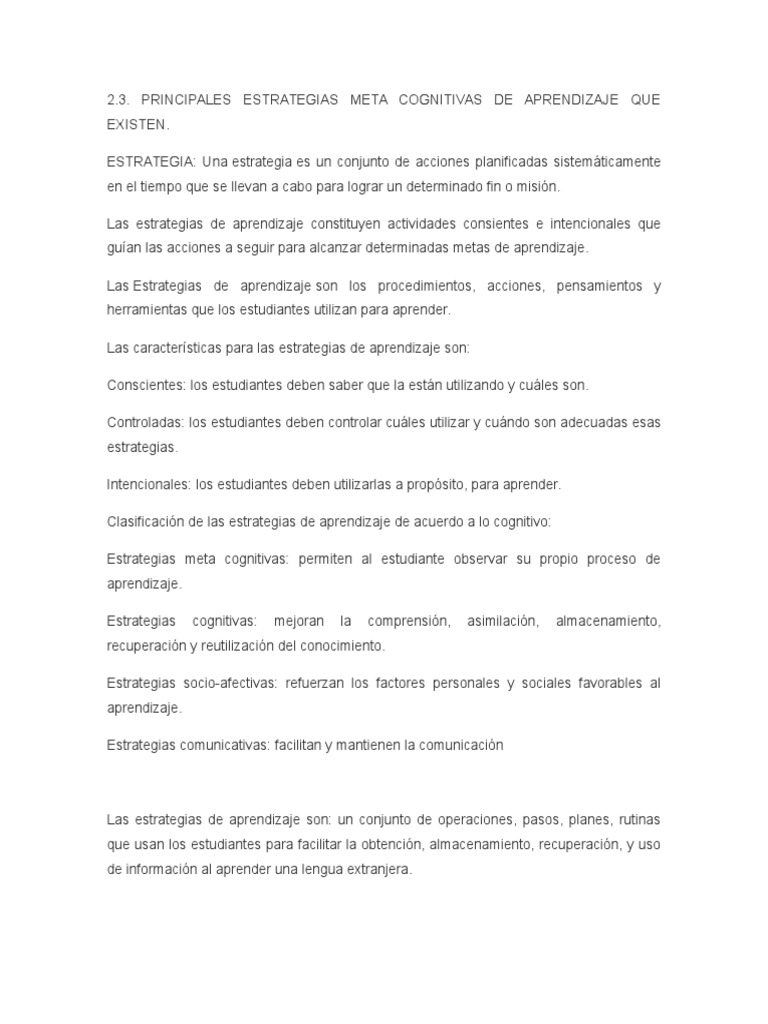 2.3 Principales Estrategias Metacognitivas de Aprendizaje | PDF ...