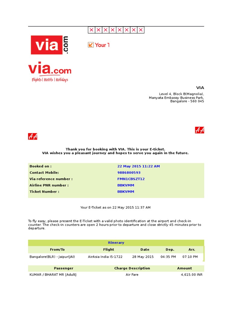 VIA E-Ticket Confirmation for Flight | PDF