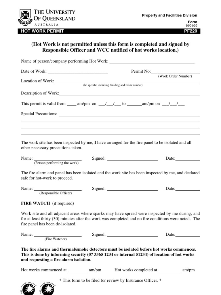Hot Work Permit Form Fires Wall