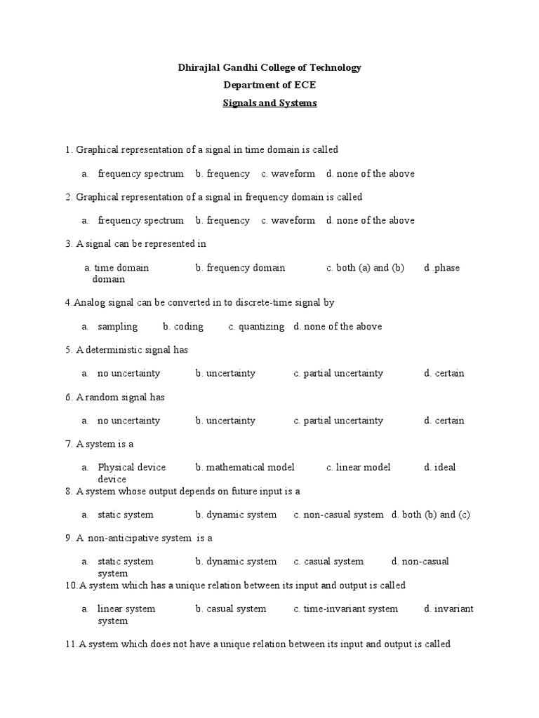 Signals and Systems Quiz Answers | PDF | Spectral Density | Fourier Series