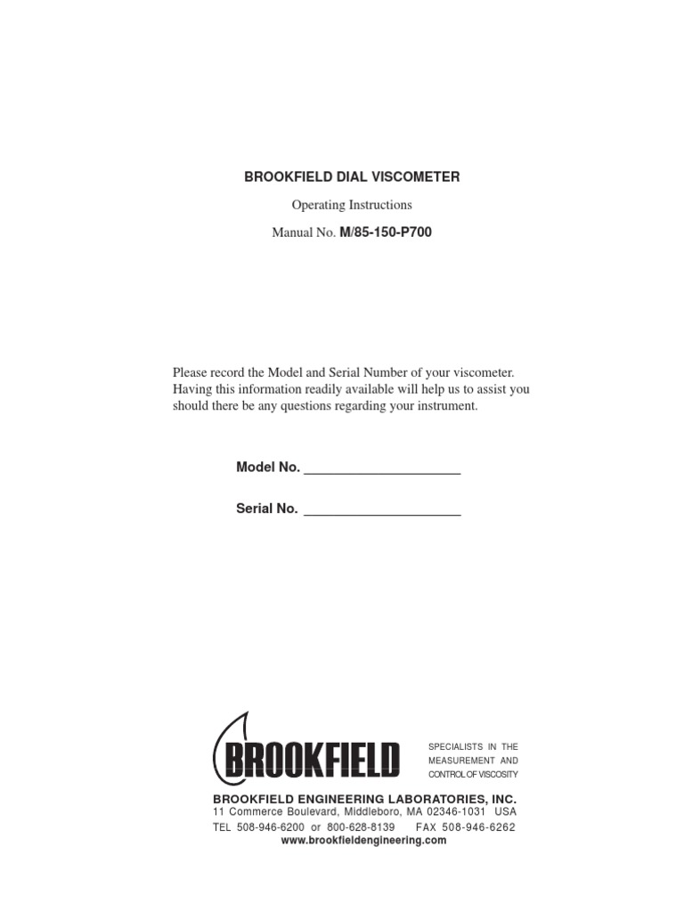 Brookfield Dial Viscometer Manual | PDF | Viscosity | Rheology