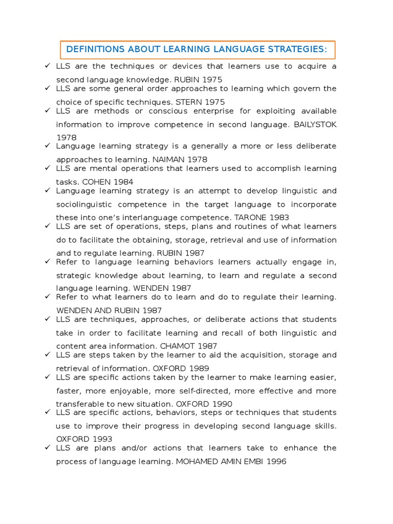 Definitions of Language Learning Strategies | PDF | Second Language ...