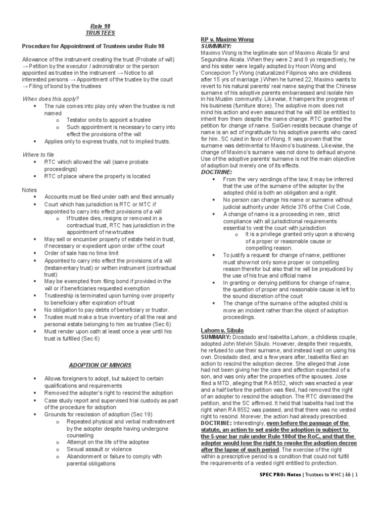 Rule 98 Trustees Summary:: When Does This Apply? | PDF | Habeas Corpus ...