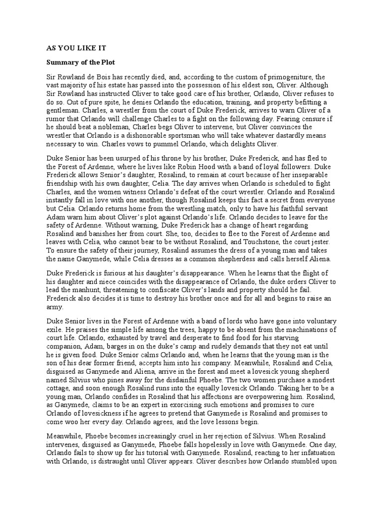 As You Like I1 - Summary | PDF | As You Like It