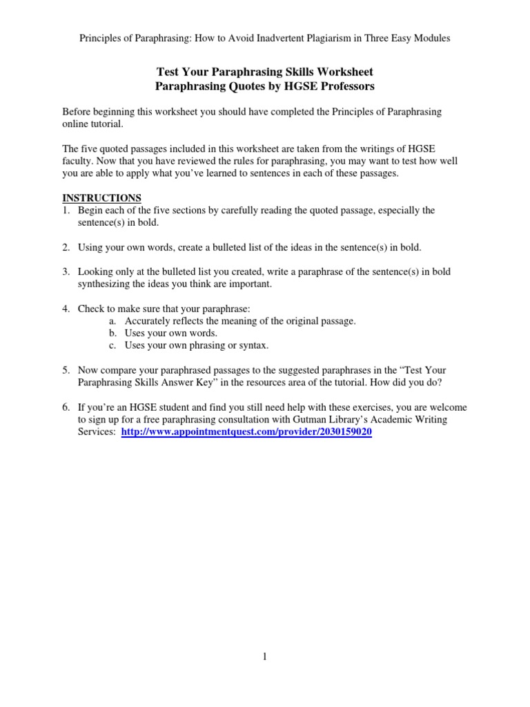 worksheet Syntax Worksheets test your paraphrasing skills worksheet sampling statistics plagiarism