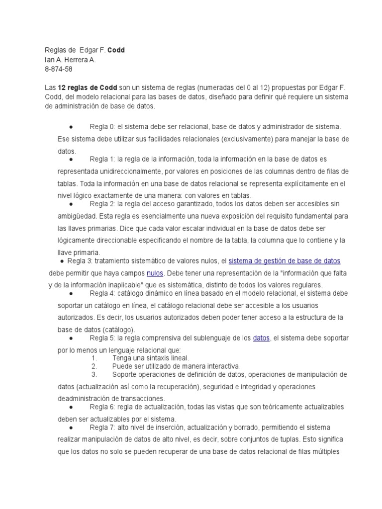 Las 12 reglas de Codd para bases de datos | PDF | Modelo relacional ...