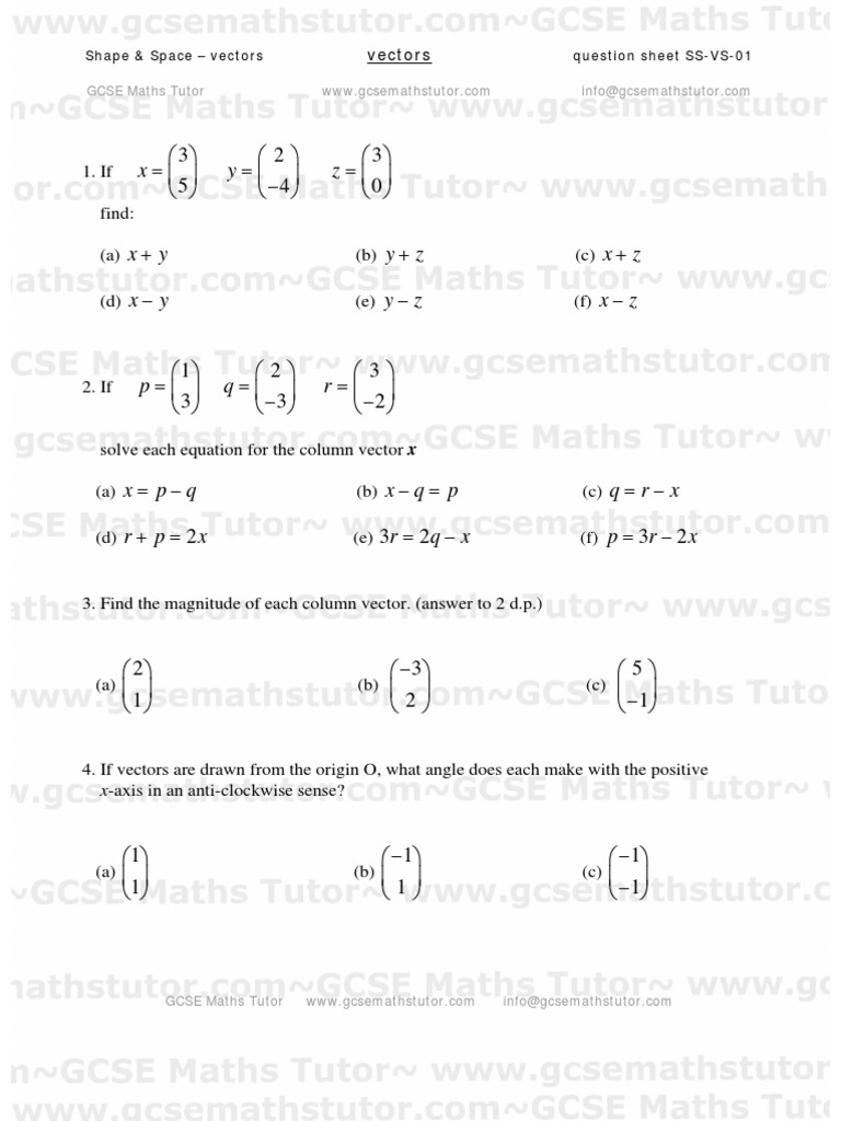 Worksheets Vectors Worksheet vectors worksheet 01 shape space revision from gcse maths tutor