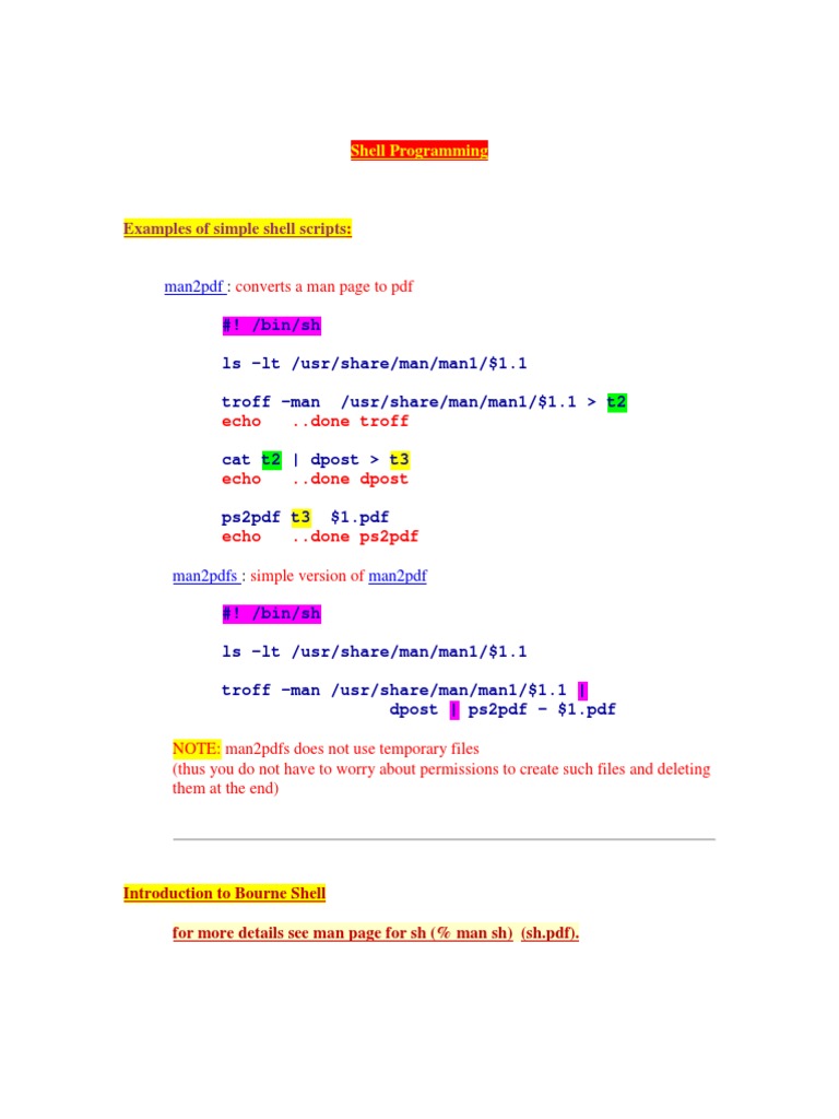 Examples of Simple Shell Scripts: Man2pdf | PDF | Unix | Areas Of ...