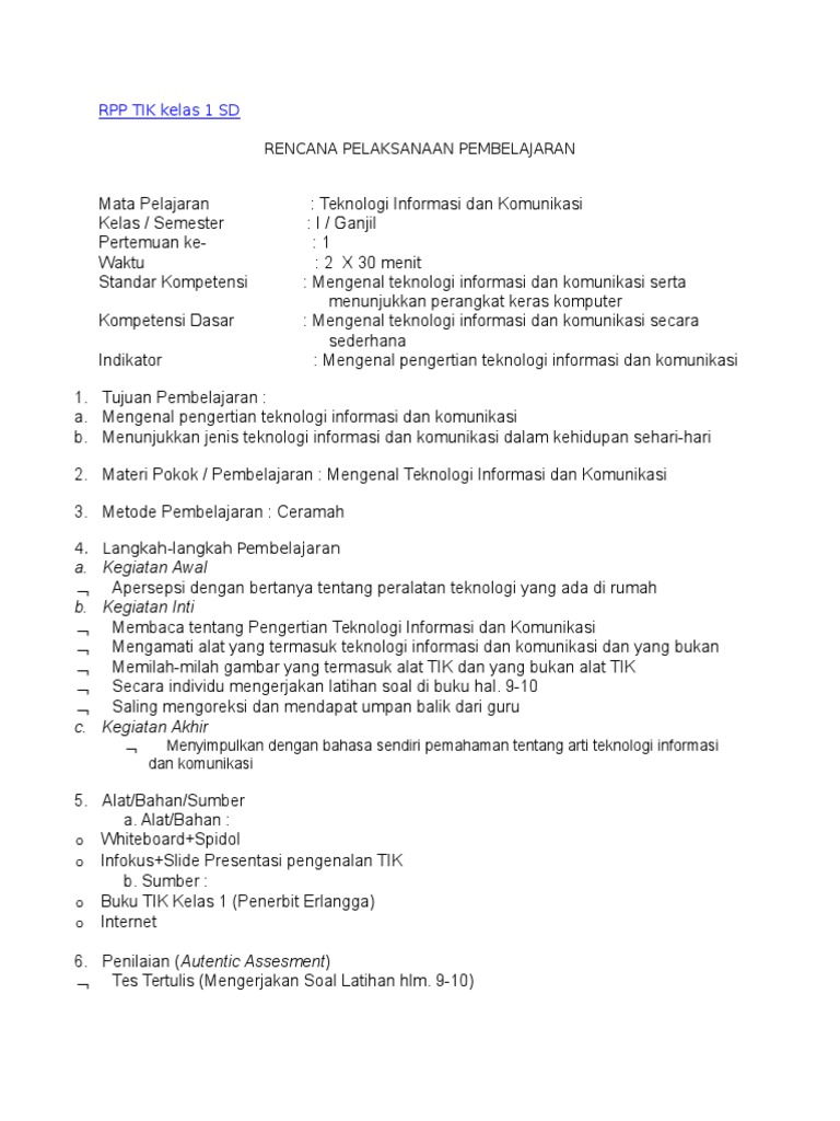 Rpp Tik Kelas 1 Sd