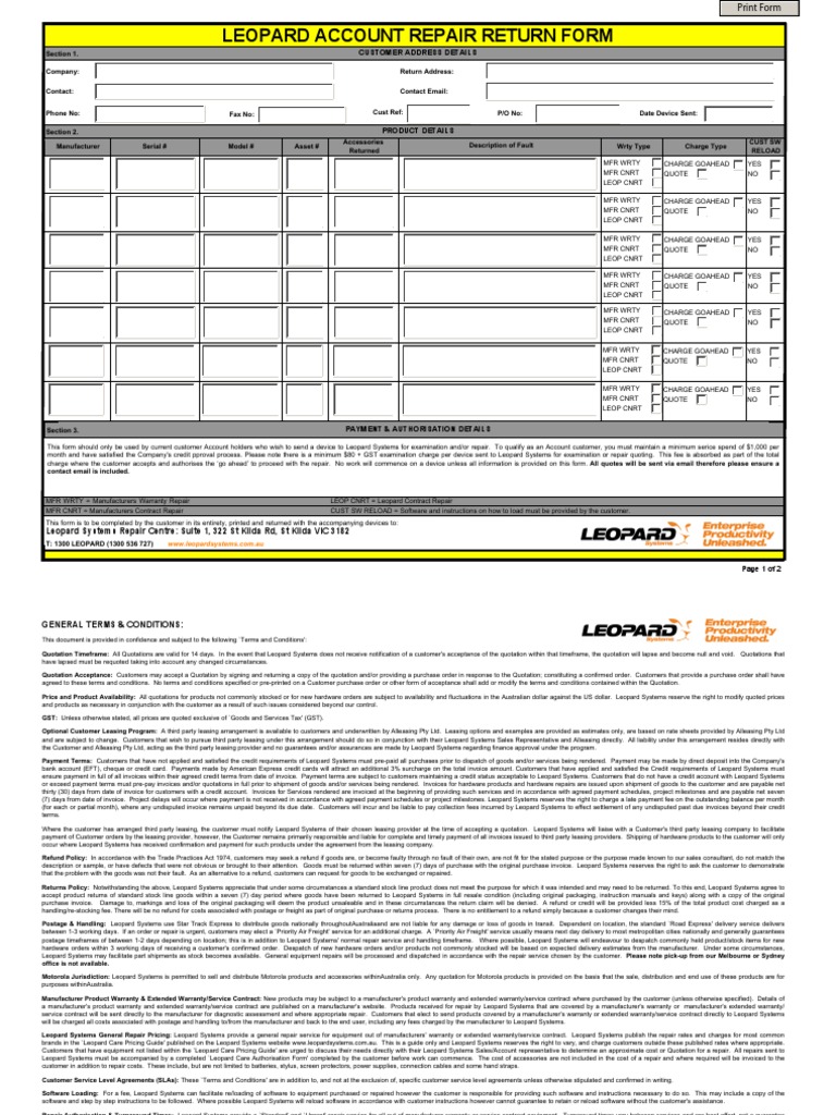 PDA Repair Form PDF Payments Credit (Finance)