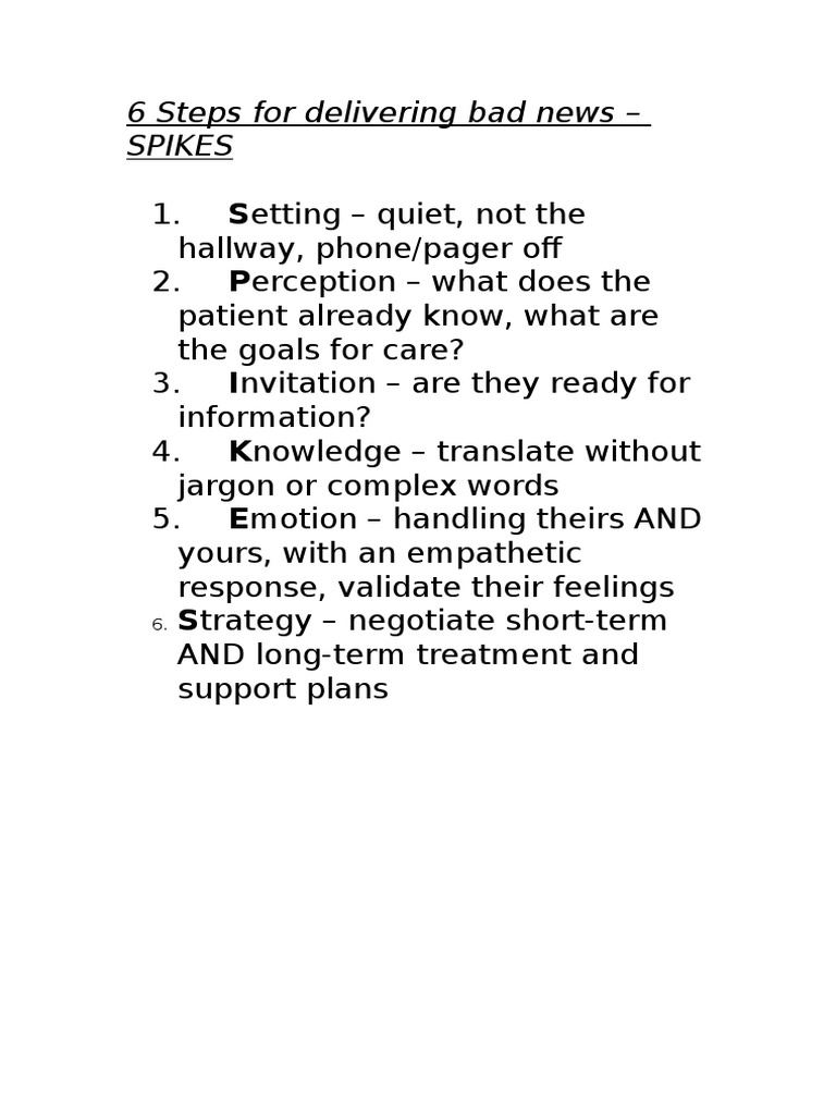 Delivering Bad News: 6 SPIKES Steps | PDF