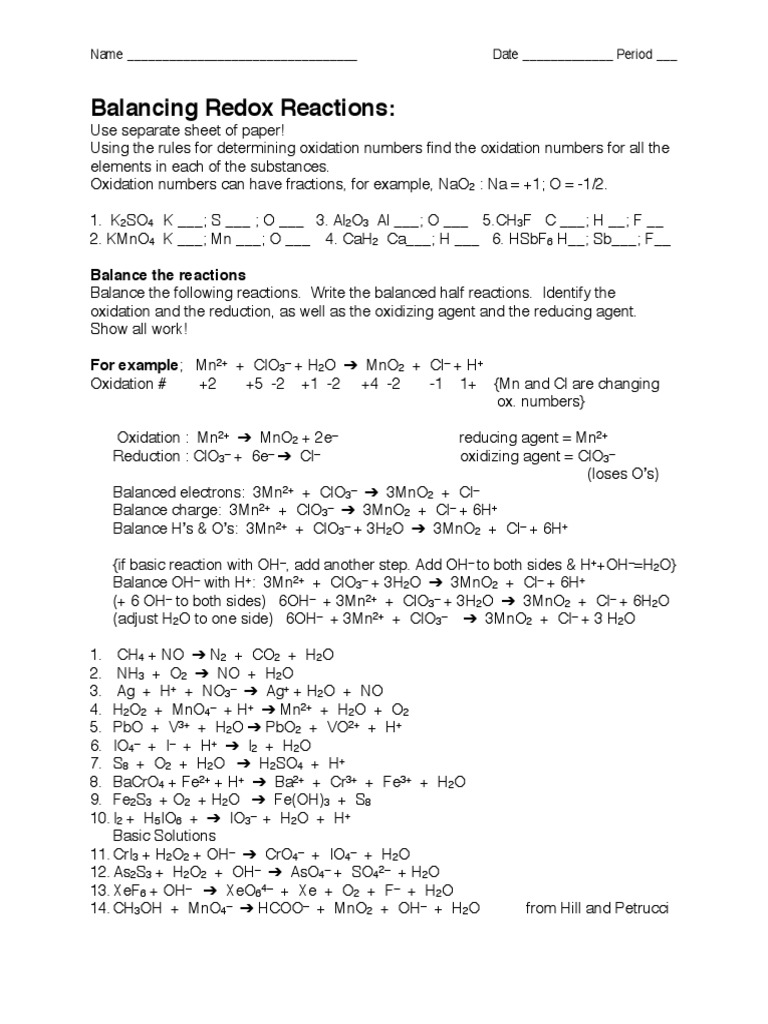 A5 Balancing Redox Worksheet I